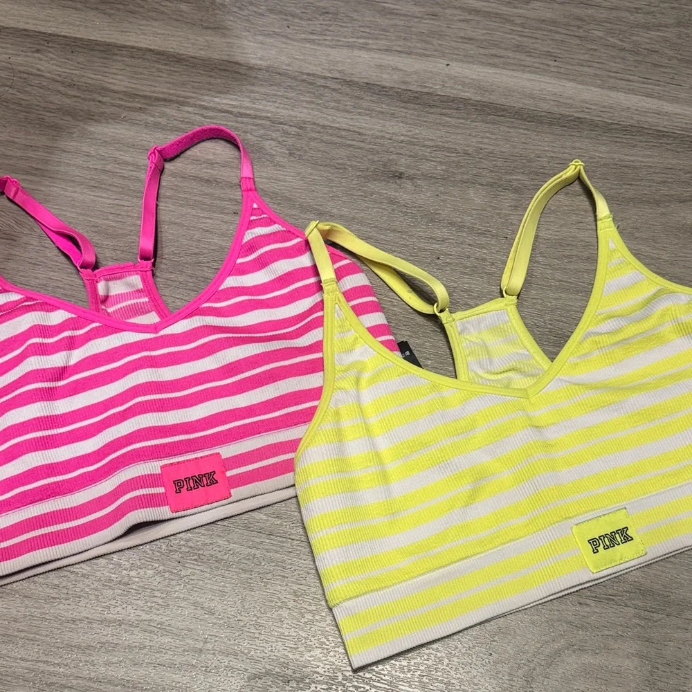 PINK VICTORIA’S SECRET Active Pink and Yellow Striped Bras, M - Picture 2 of 4